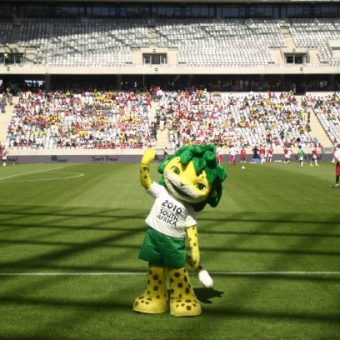 World Cup mascot Zakumi entertains at Cape Town Stadium’s inaugural soccer match